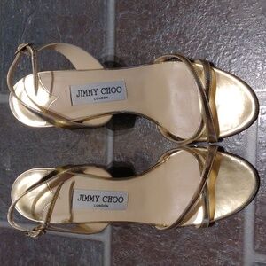 Jimmy Choo Gold mirror open toe strappy cross over sling back sandal heel 38
